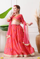 Girls Pink Printed Lehenga Choli Set with Dupatta Festive Ethnic Wear