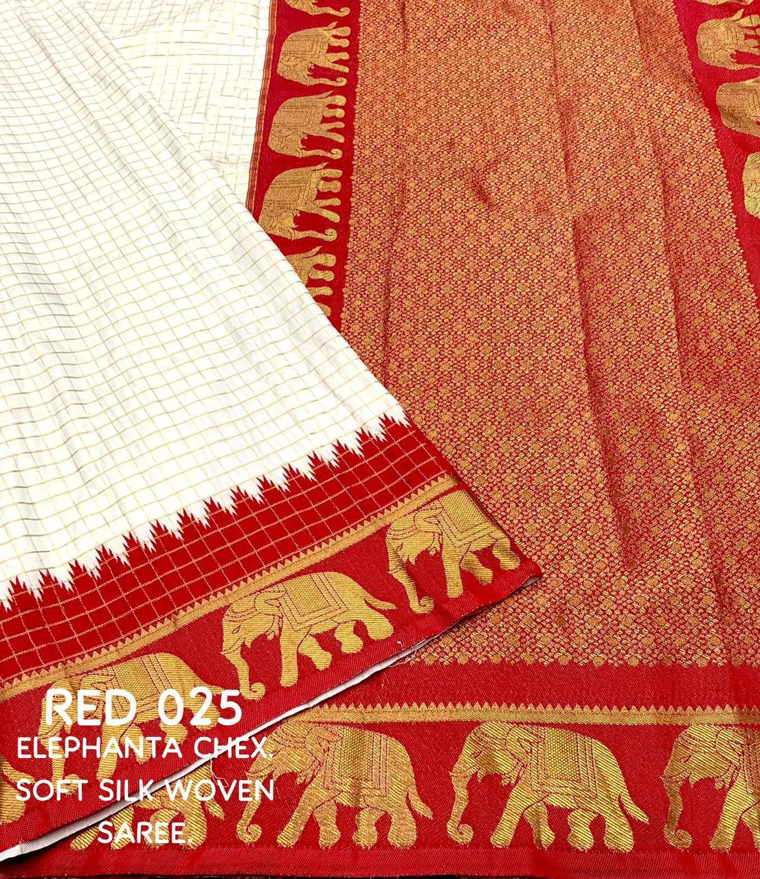sift silk saree with zari woven chex and with elephant border and rich pallu.Cotton tasslels on pallu.