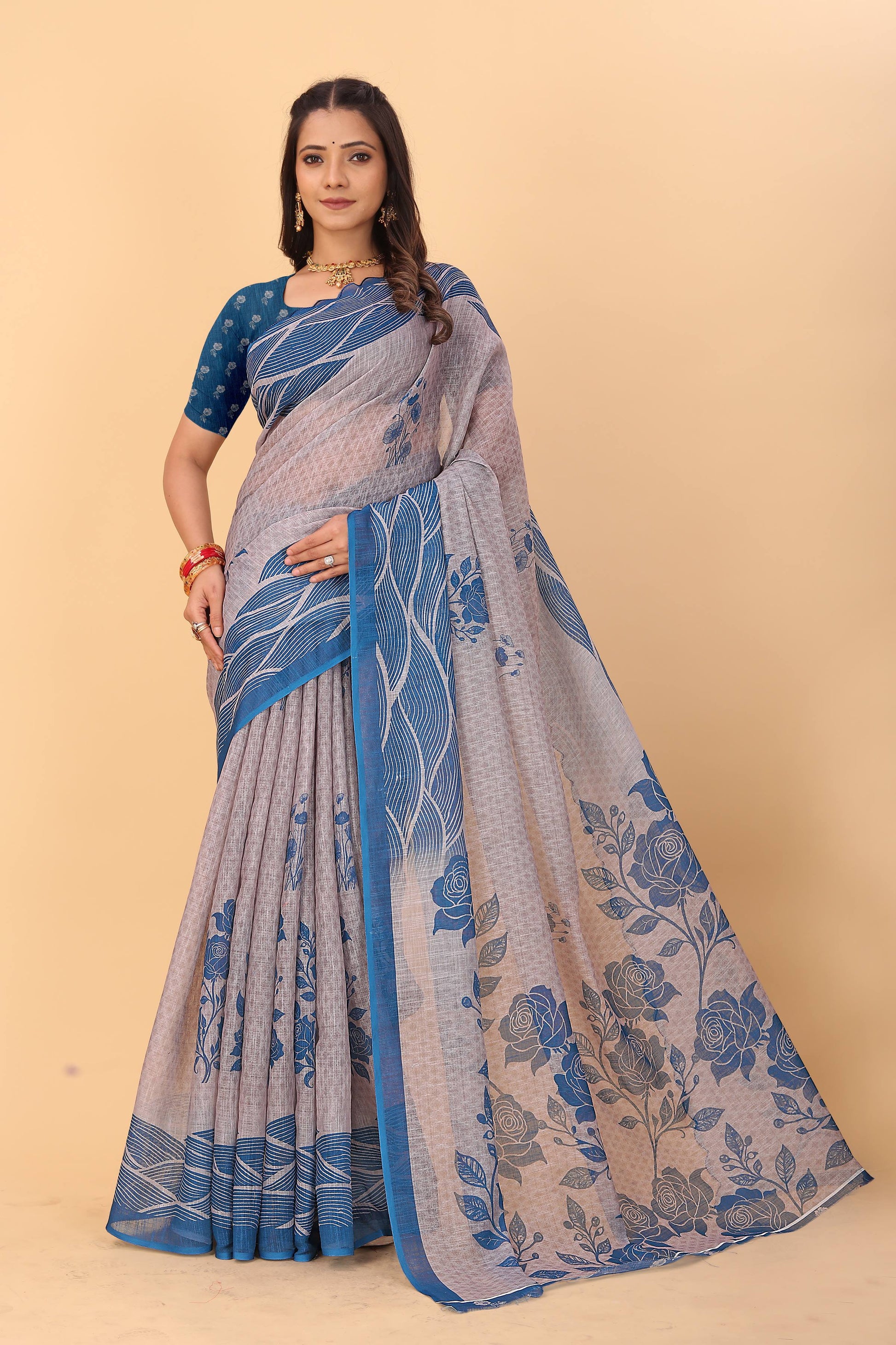 Soft linen saree with shaded style prints and cutwork