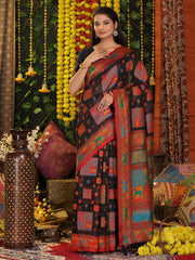 Off White Linen Cotton Saree with Multicolor Ethnic Print – Soft & Lightweight Saree for Festive, Daily, and Office Wear