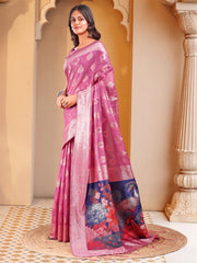 Floral Linen Cotton Saree with Zari Border & Digital Printed Pallu - Elegant Sari for Festive Occasions