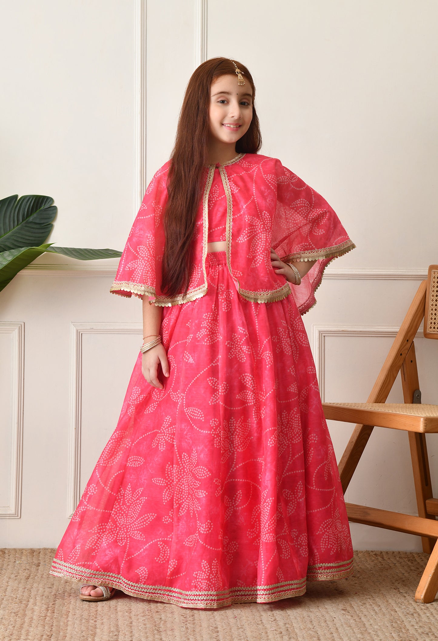 Girls’ Pink Printed Lehenga with Matching Cape and Crop Top Set