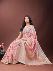 Elegant Beige & Coral Linen Saree with Zari Border and Abstract Pattern – Premium Festive & Office Wear