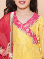 Silk blend Woven Three-Quarter Sleeves Woven Design Flared Kurta And Sharara With Dupatta Set - Yellow