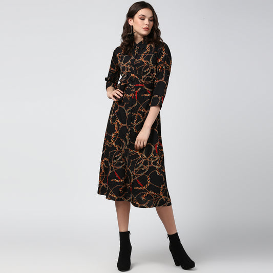 Women's Black and Yellow Chain Print Midi Dress
