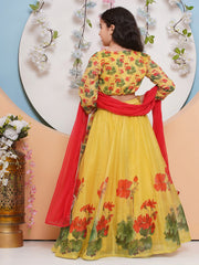 Girls Yellow Printededed Ready to wear Choli & Lehenga With Dupatta