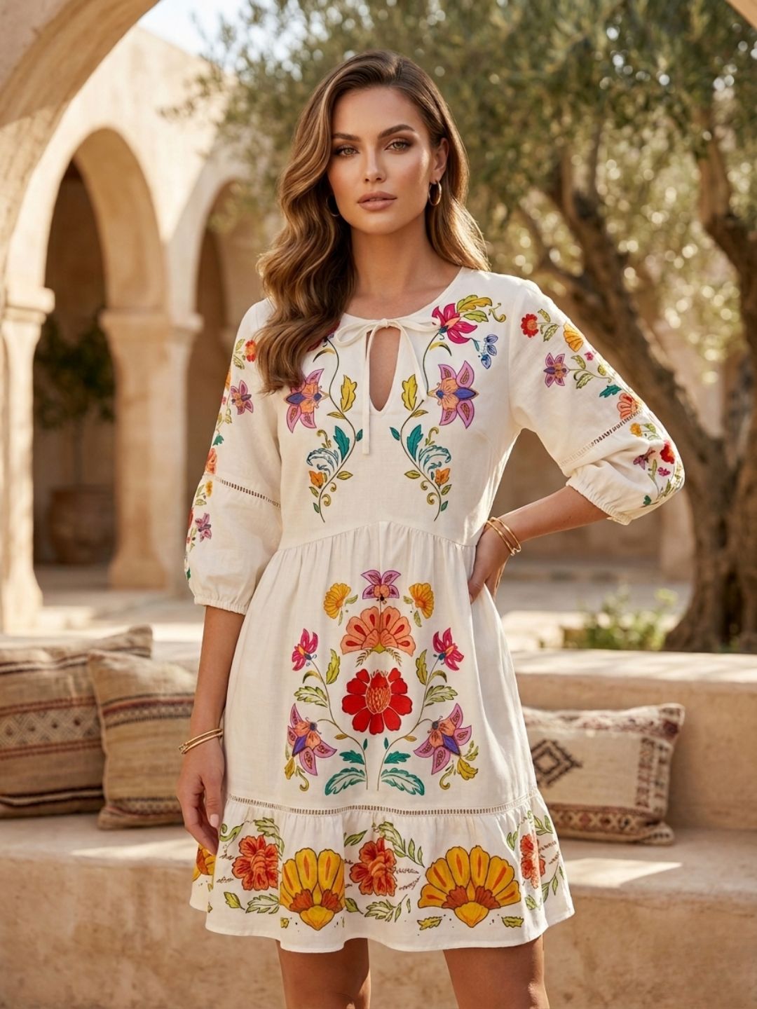 White Floral Printed Fit & Flare Dress-ADR-19778