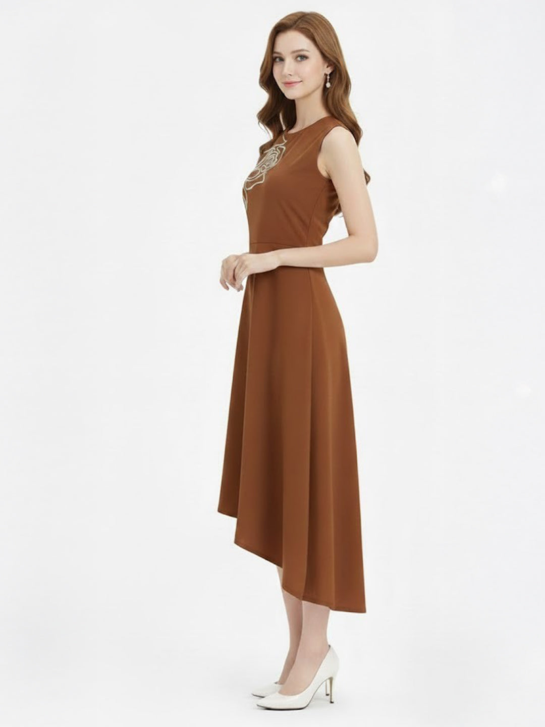 Brown Embroidered Asymmetric Dress-ADR-19902