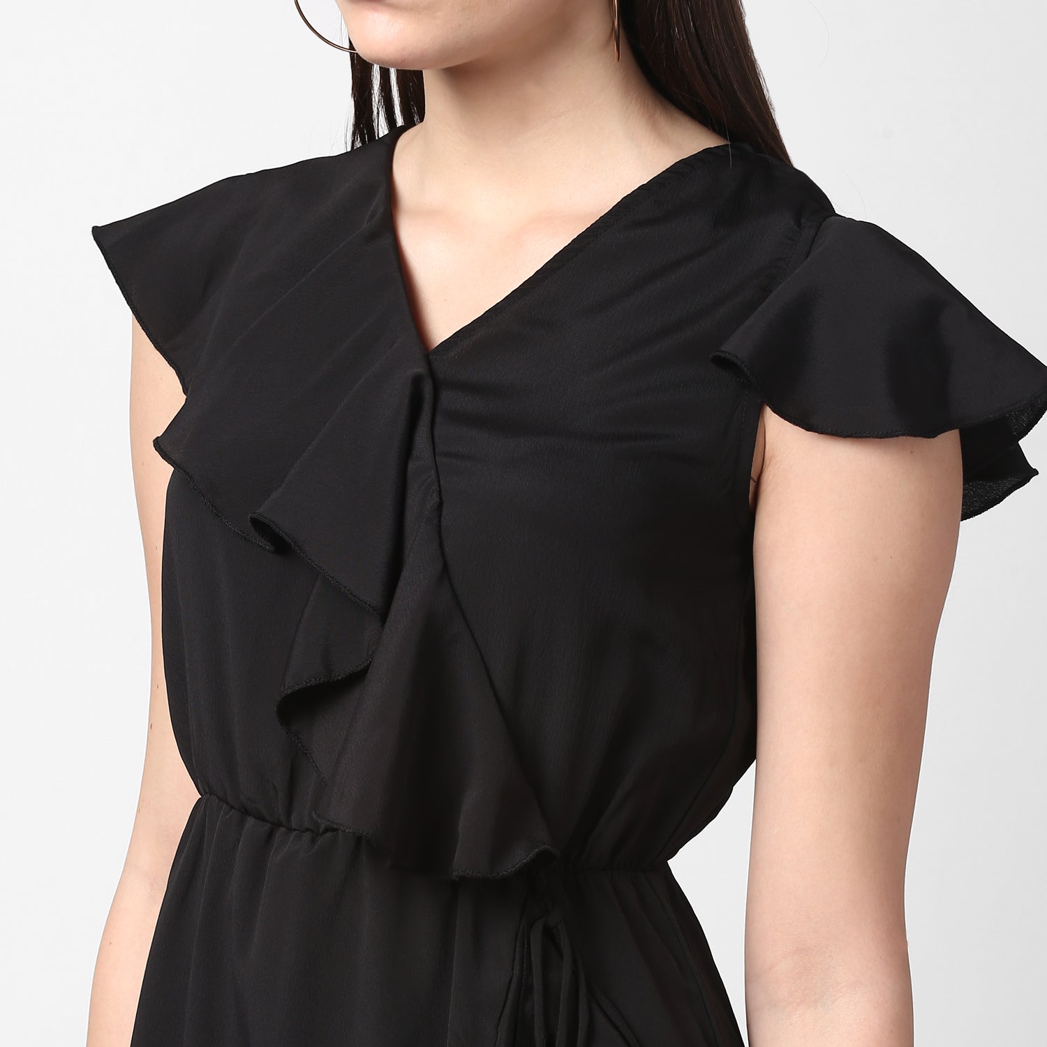 StyleStone Women's Black Front Ruffle Dress