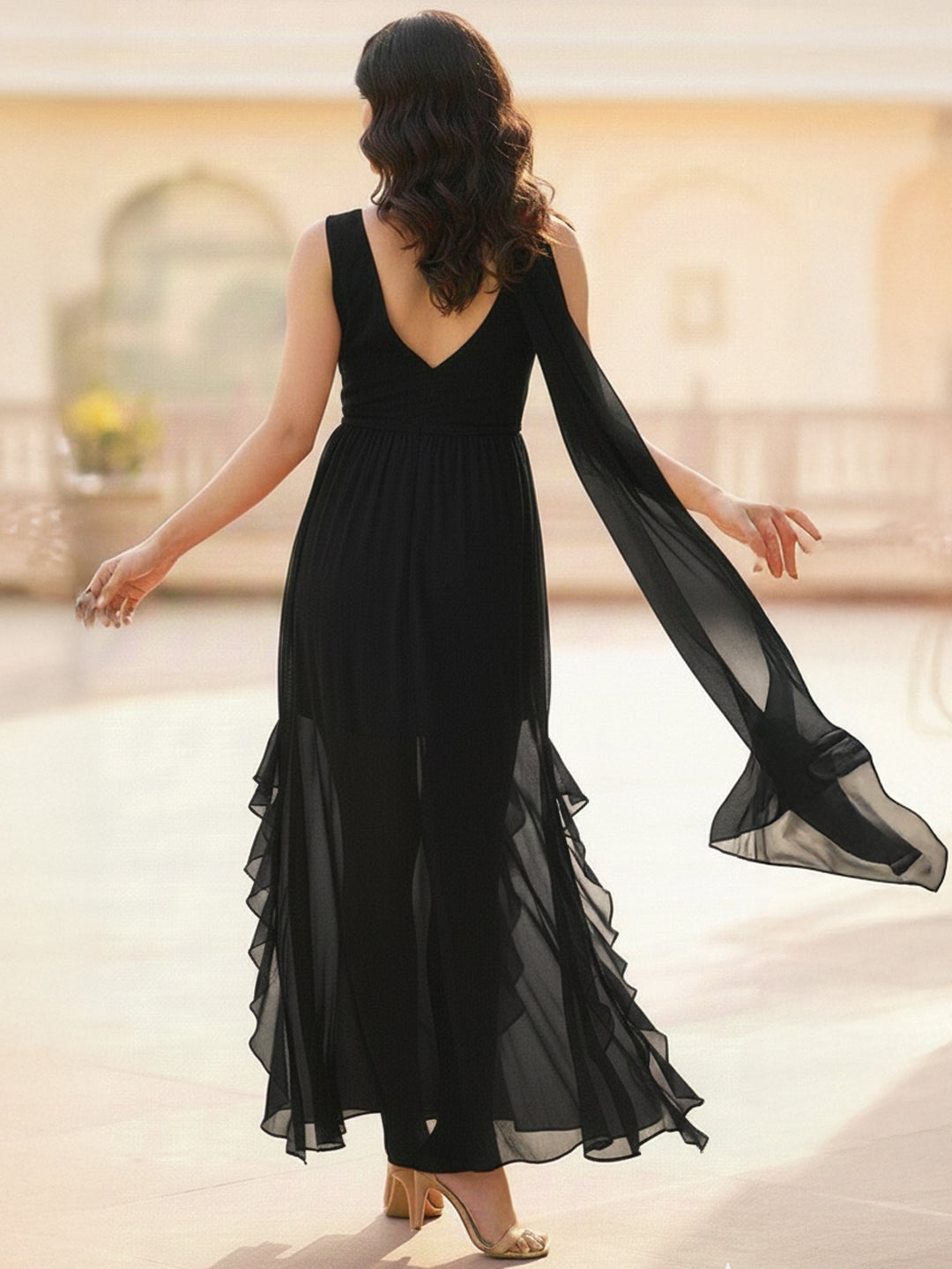 Ruffled Chiffon Fit & Flare Maxi Dress