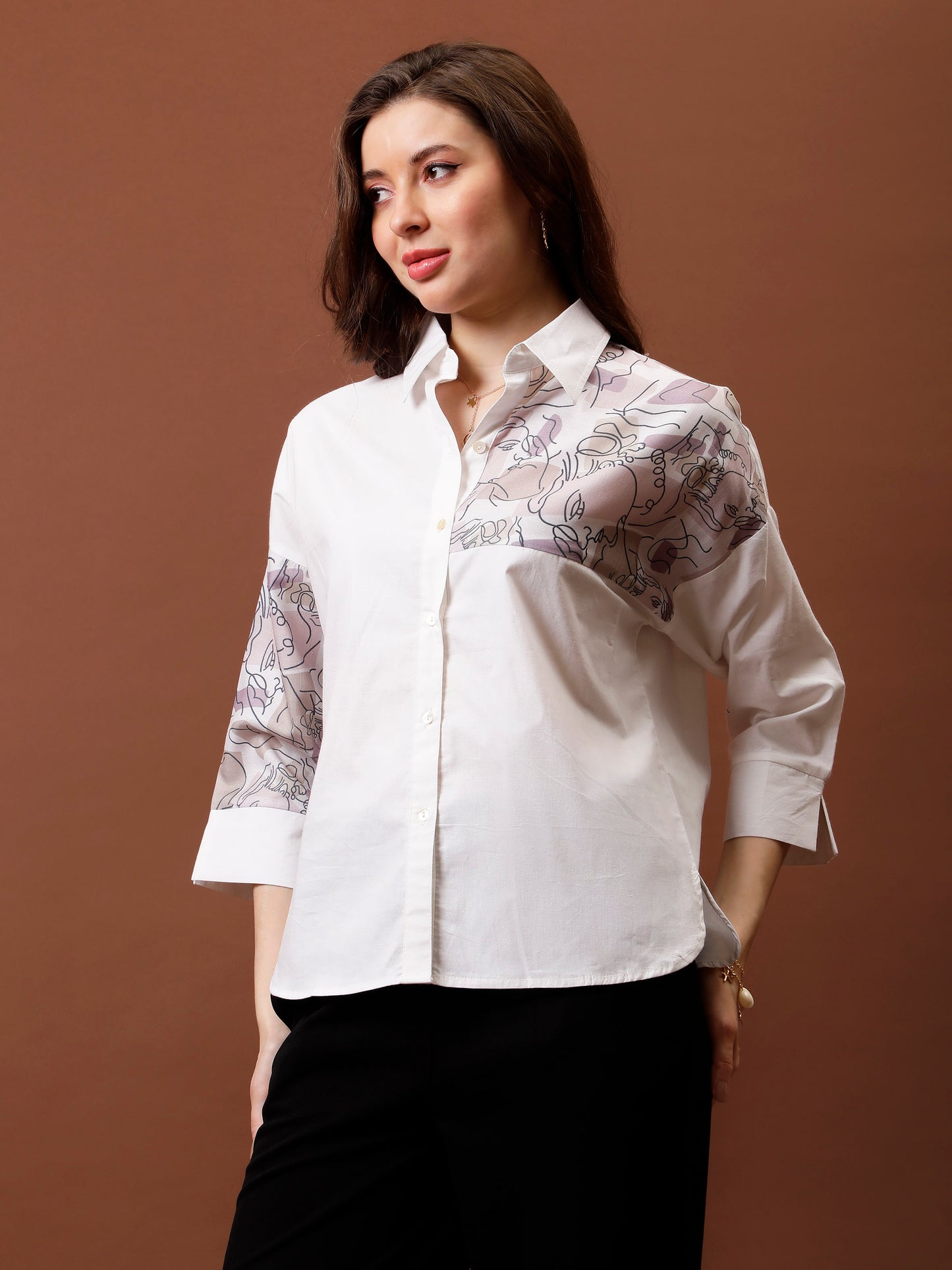 Roll-Up Sleeves Applique Cotton Shirt Style Top