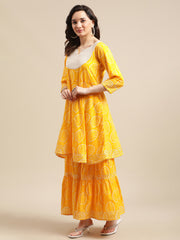 Kalini Women Mustard And White Bandhej Printed Flared Kurta Sharara Set With Net Embroidered Dupatta.