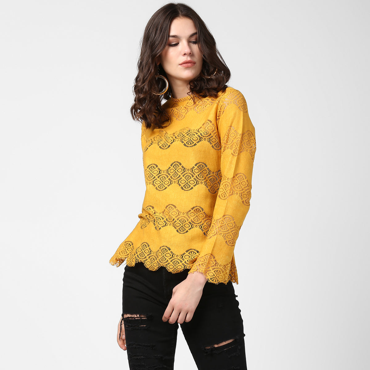 Women's Mustard Yellow Self Detail Lace Top
