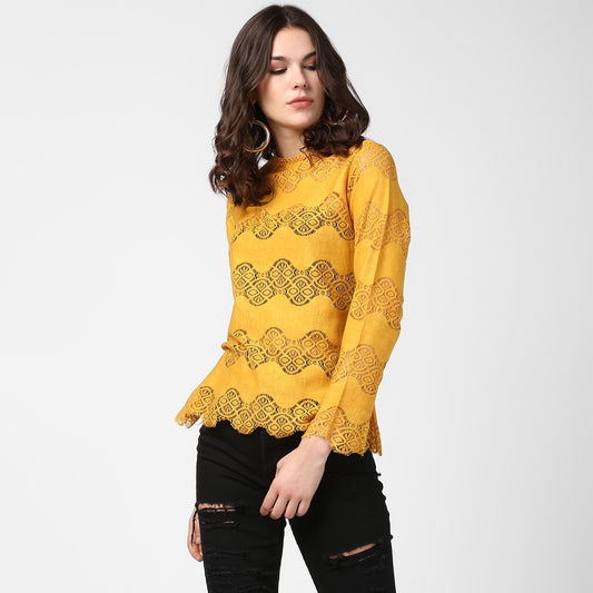 Women's Mustard Yellow Self Detail Lace Top