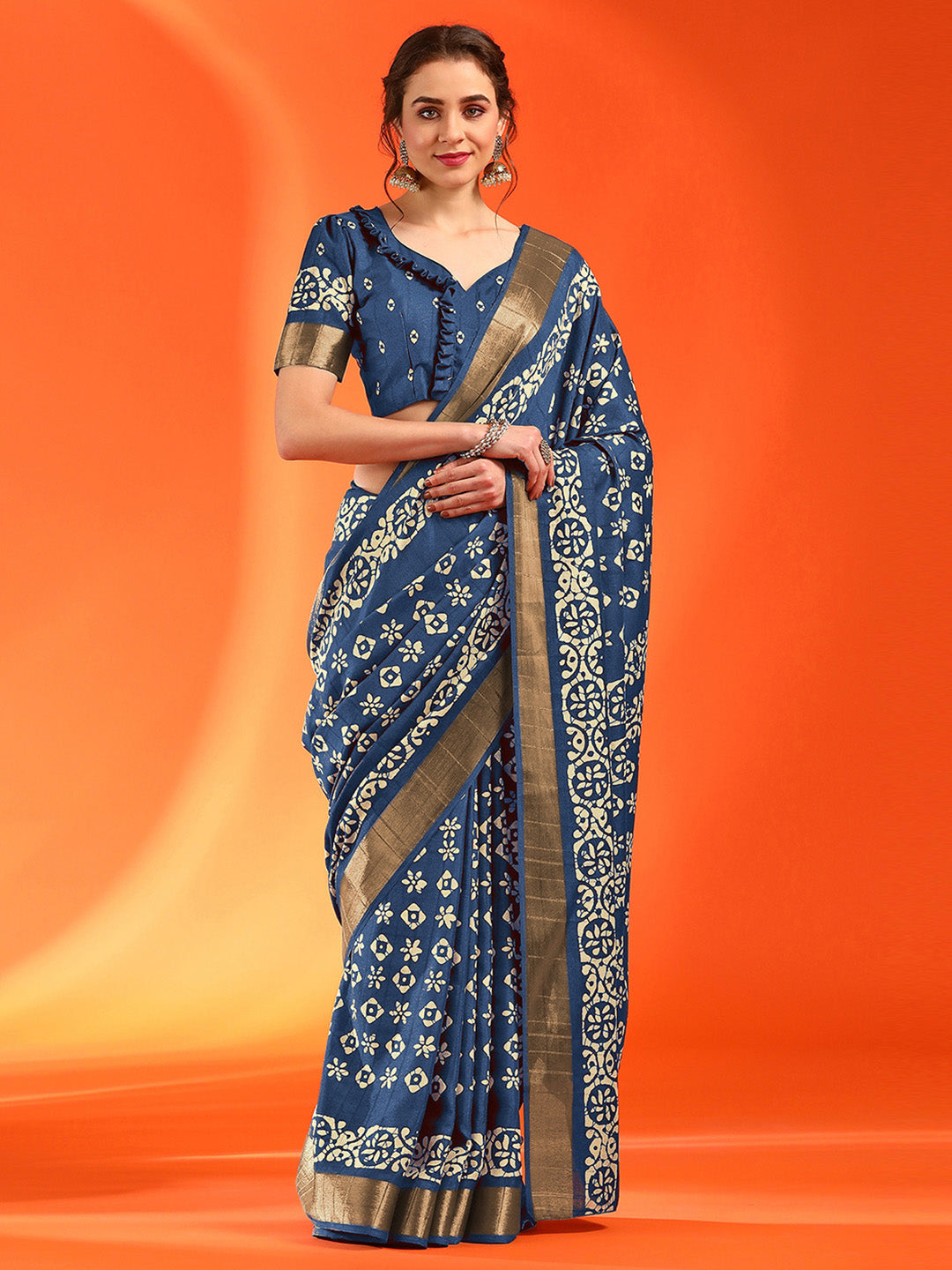 Women's Silk Blend Blue Printed Designer Saree With Blouse Piece