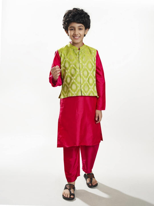 Boys off Pink kurta pajama with a green jacquard booti jacket