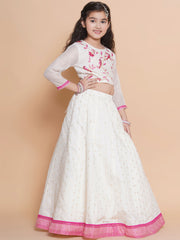 Girls White Embroidered Choli White Woven Design Ready to Wear Lehenga With Dupatta