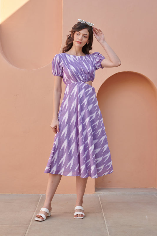 Purple Ikat Side Cut Cotton Dress