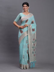 Elegant Linen Cotton Saree with Woven Pallu, Big Butta Work & Tassels - Office & Festive Wear