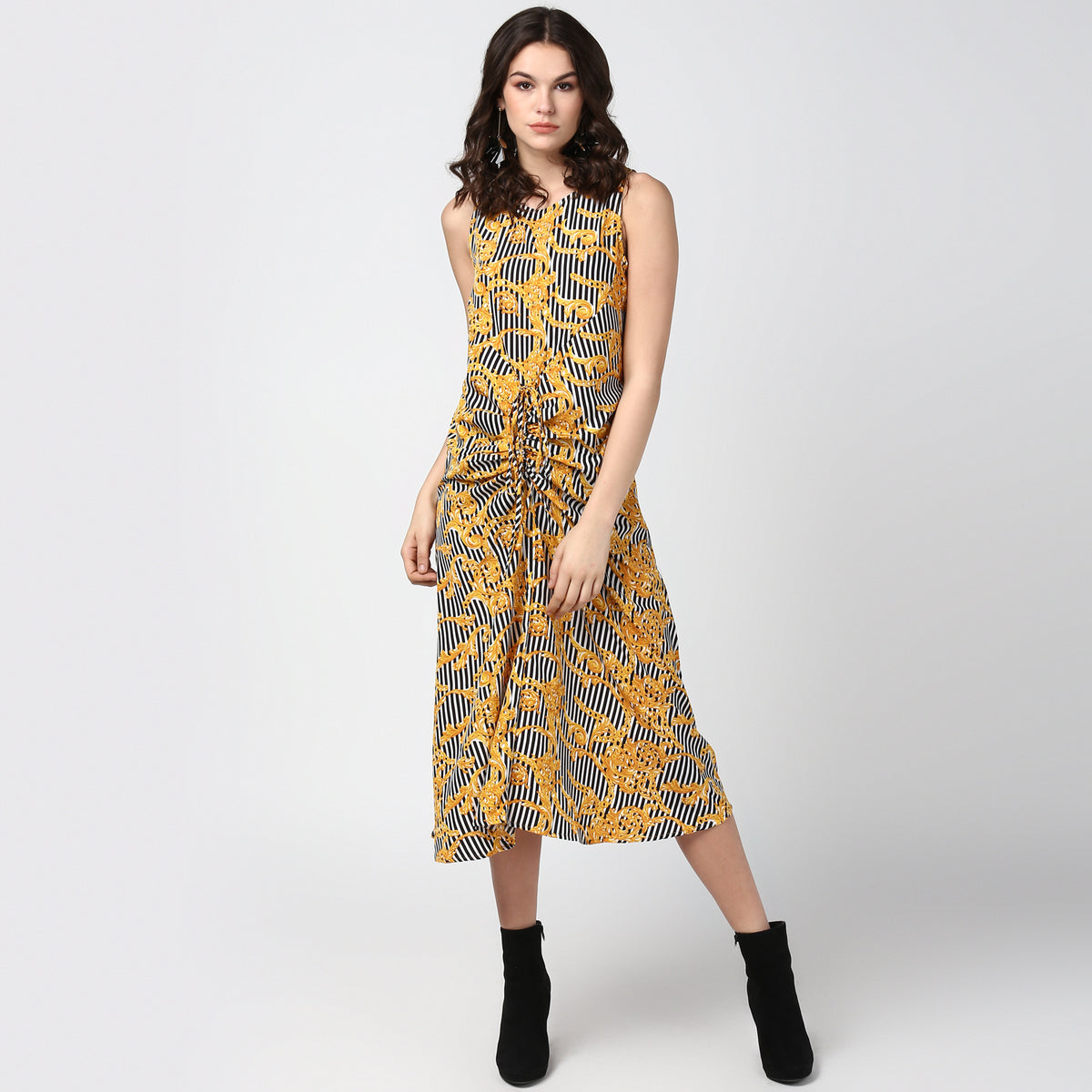 Women's Black and Yellow  Chain and Stripe Dress