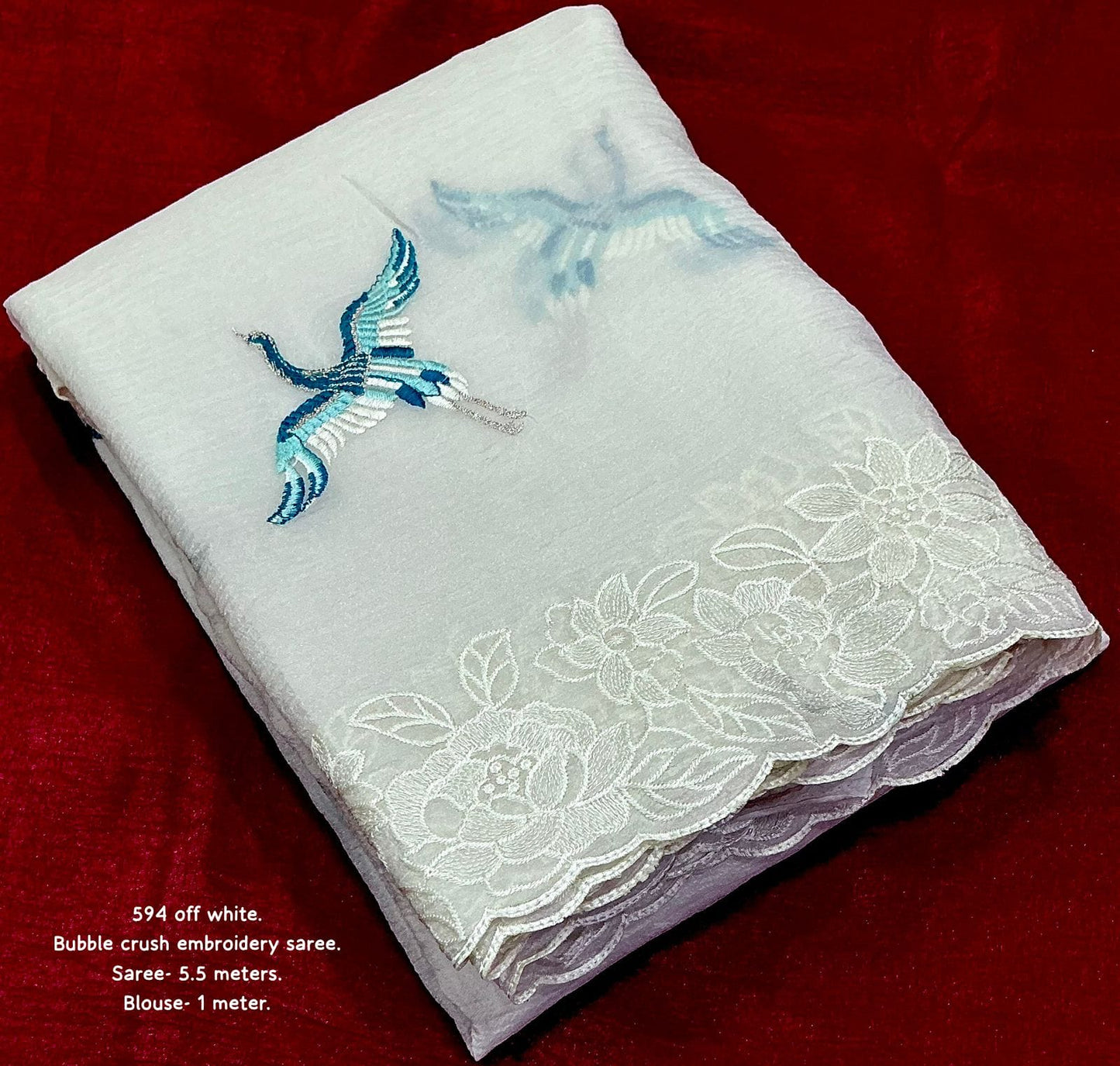 soft bubble crush saree in off white color.Lucknowi style embroidery border with bird emboridary.Pereftly matched net embroidery blouse.