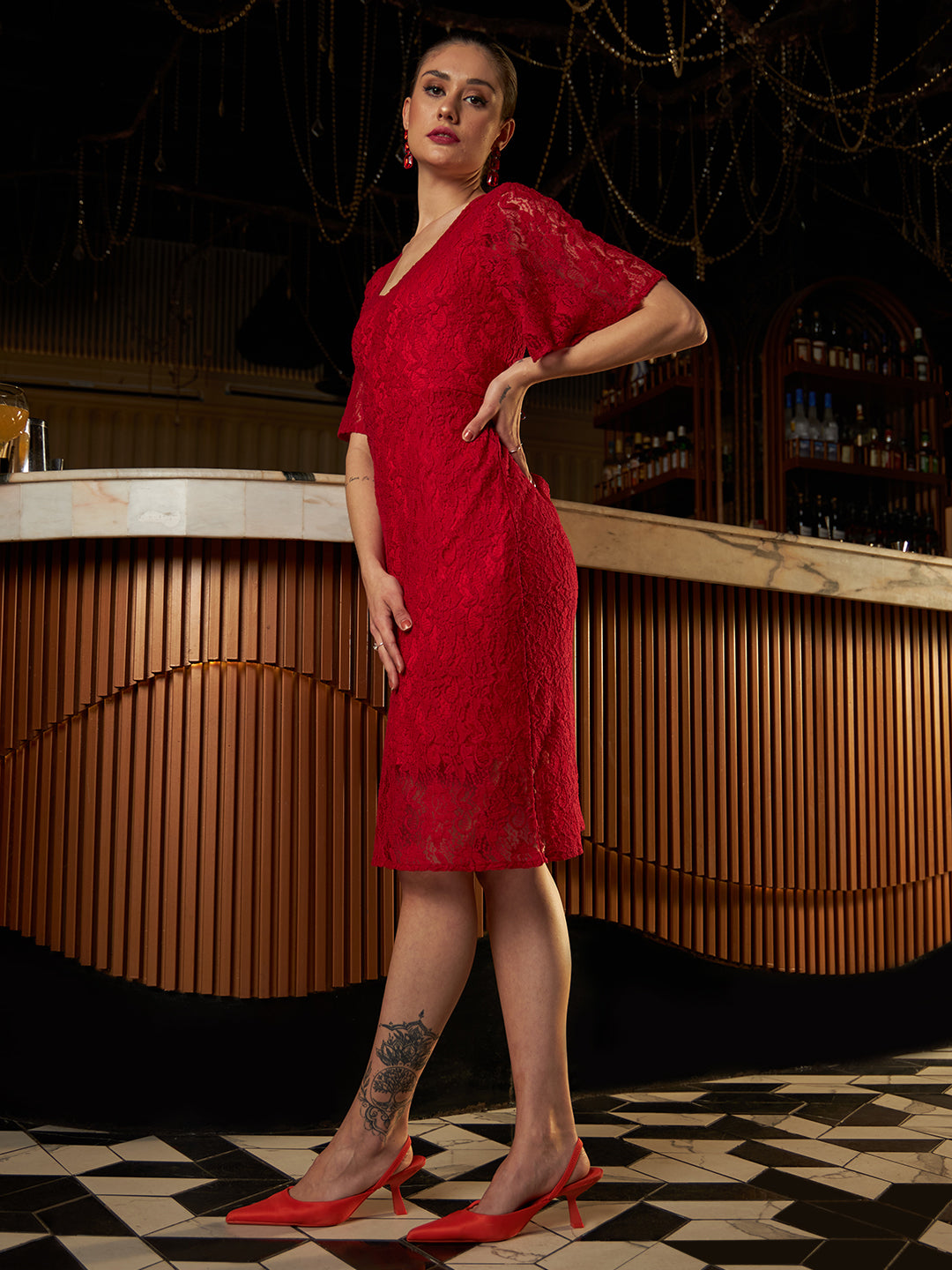 Self Design Bell Sleeves Lace A-Line Dress