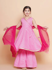 Girls Pink Ethnic motifs woven design Kurta With Sharara dupatta