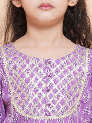 Girls Purple Printed Cotton Kurta with Sharara