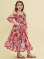 Silk Woven Half Sleeves Floral Print Fit And Flare Ethnic Dress - Maroon