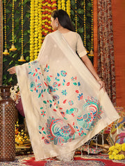 Cream Linen Cotton Saree with Bold Peacock Pallu – Elegant Zari Border Saree for Festive & Party Wear | Lightweight & Soft Fabric