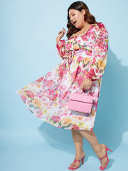 Plus Size Floral Print Puff Sleeve Chiffon Fit & Flare Midi Dress