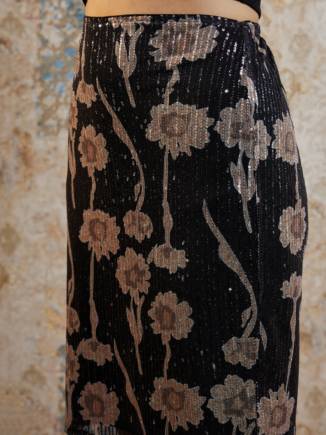 Black Floral Sequence Sequinned Skirt