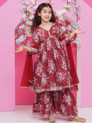 Girls Maroon Floral Printed Alia Design Kurta with Sharara with dupatta