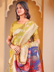 Floral Linen Cotton Saree with Zari Border & Digital Printed Pallu - Elegant Sari for Festive Occasions
