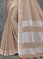 Elegant Peach Woven Linen Saree with Contrast Zari Border & Tassels – Soft & Breathable Party Wear
