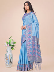 Premium Pink & Sky Blue Floral Woven Lichi Silk Saree with Rich Pallu & Tassels – Festive & Party Wear for Women