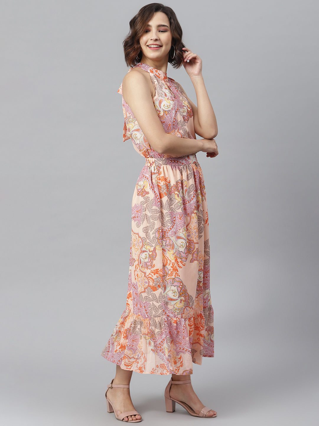 StyleStone Women's Peach Printed Maxi Dress