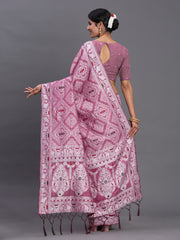 Sky Blue Linen Cotton Saree with Multicolor Elephant & Temple Motifs – Traditional Woven Pallu & Tassels