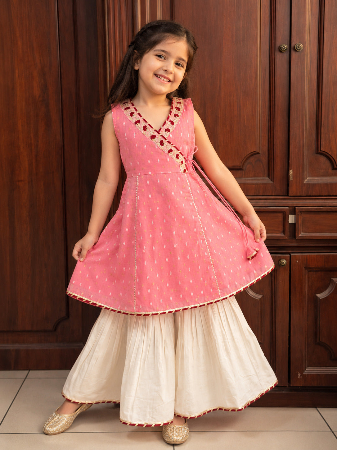 Girls Peach Kurta With White Sharara