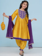 Solid Three-Fourth Sleeves Above Knee Length Silk Kurta & Salwar With Dupatta - Yellow