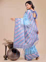Radiant Sky Blue Silk Saree with Pink & Blue Floral Pattern – Perfect for Weddings & Festive Glamour