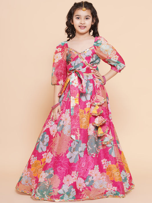 Girls Pink Flower Digital Multi Print Lace work Choli with Ready to wear Lehenga.