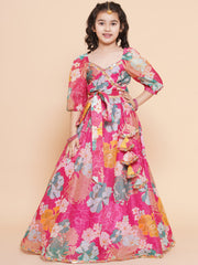 Girls Pink Flower Digital Multi Print Lace work Choli with Ready to wear Lehenga.