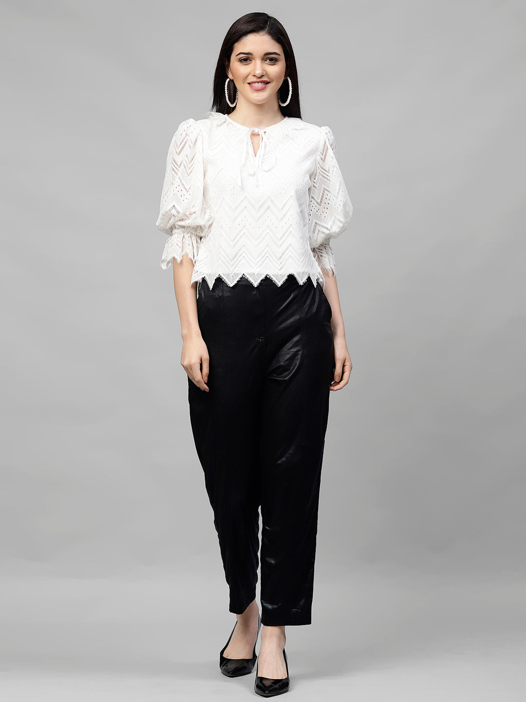 White Tie-Up Neck Puff Sleeves Lace Top