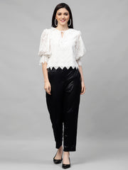White Tie-Up Neck Puff Sleeves Lace Top