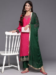 Women Pink Placement Design  Embroidered Straight Kurta Paired With Contrast Bottom And Chiffon Dotted Dupatta With Four Side Fringes