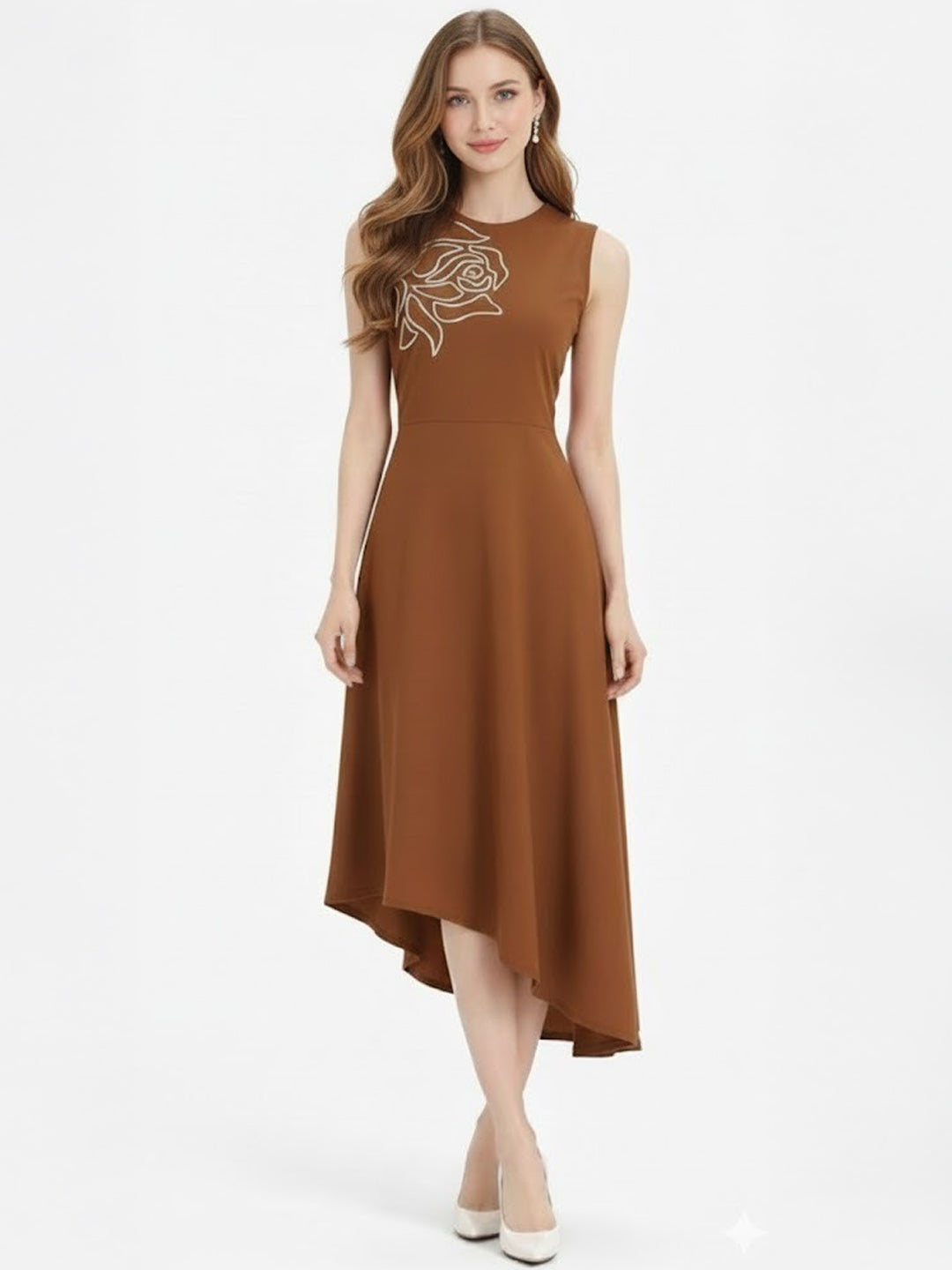 Brown Embroidered Asymmetric Dress-ADR-19902