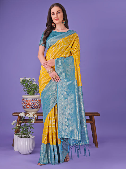 Vibrant Yellow & Blue Lichi Silk Saree with Rich Woven Border and Contrast Blouse – Festive & Wedding Wear