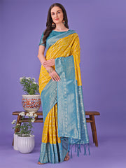 Vibrant Yellow & Blue Lichi Silk Saree with Rich Woven Border and Contrast Blouse – Festive & Wedding Wear
