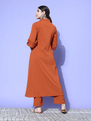 Kalini Women Rust Shirt Collar Neck A-Line Kurta Paired With Tonal Bottom